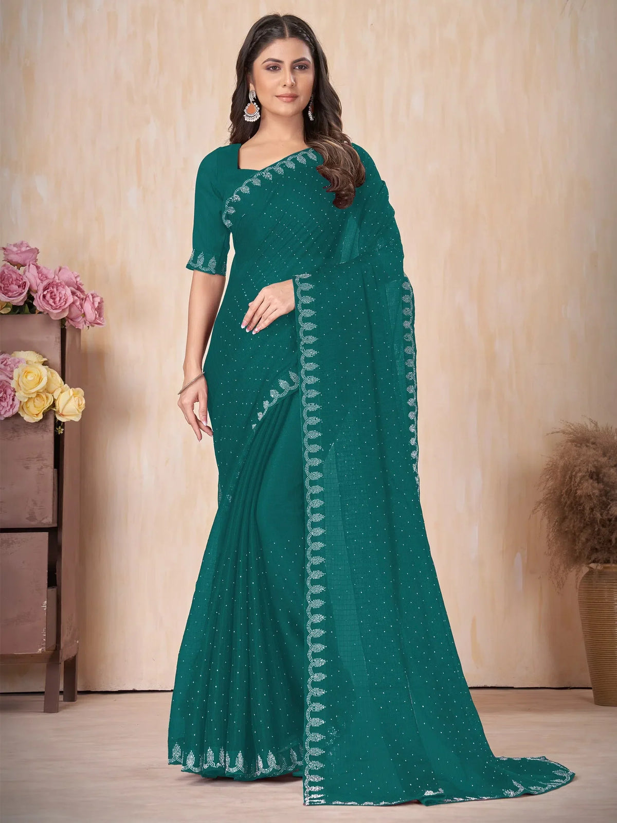 Women's Chiffon Teal Blue Embellished Designer Saree With Blouse Piece-DHNIYA668B