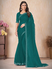 Women's Chiffon Teal Blue Embellished Designer Saree With Blouse Piece-DHNIYA668B