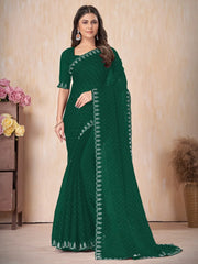 Women's Chiffon Green Embellished Designer Saree With Blouse Piece-DHNIYA668D