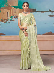 Women's Chiffon Light Green Embellished Designer Saree With Blouse Piece-DHNIYA681C