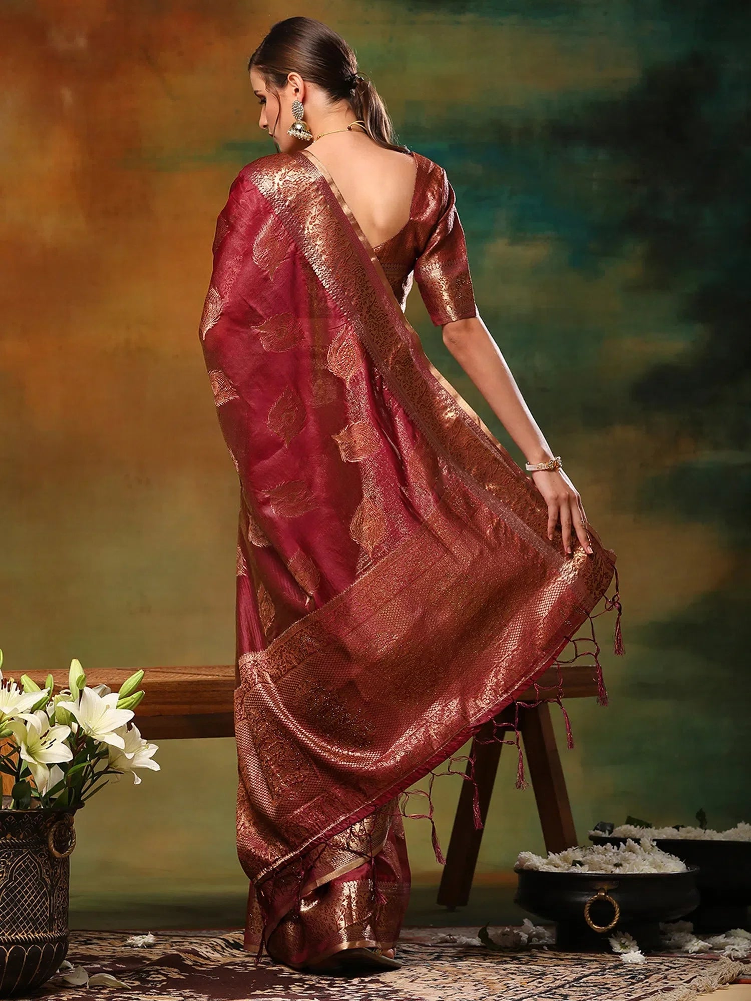 Burgundy Organza Saree - Designer Indian Sari with Blouse