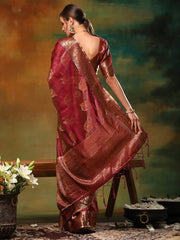 Women's Organza Burgundy Woven Design Designer Saree With Blouse Piece-DIANA2301