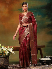 Women's Organza Burgundy Woven Design Designer Saree With Blouse Piece-DIANA2301