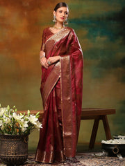 Women's Organza Burgundy Woven Design Designer Saree With Blouse Piece-DIANA2301
