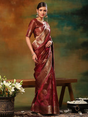 Women's Organza Burgundy Woven Design Designer Saree With Blouse Piece-DIANA2301