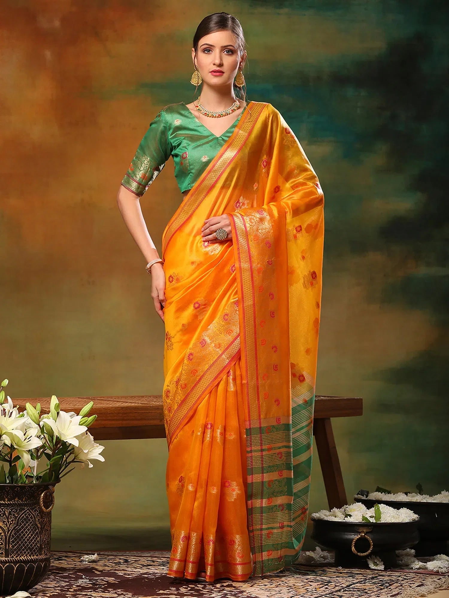 Green Organza Saree: Designer Sarees India & Blouse