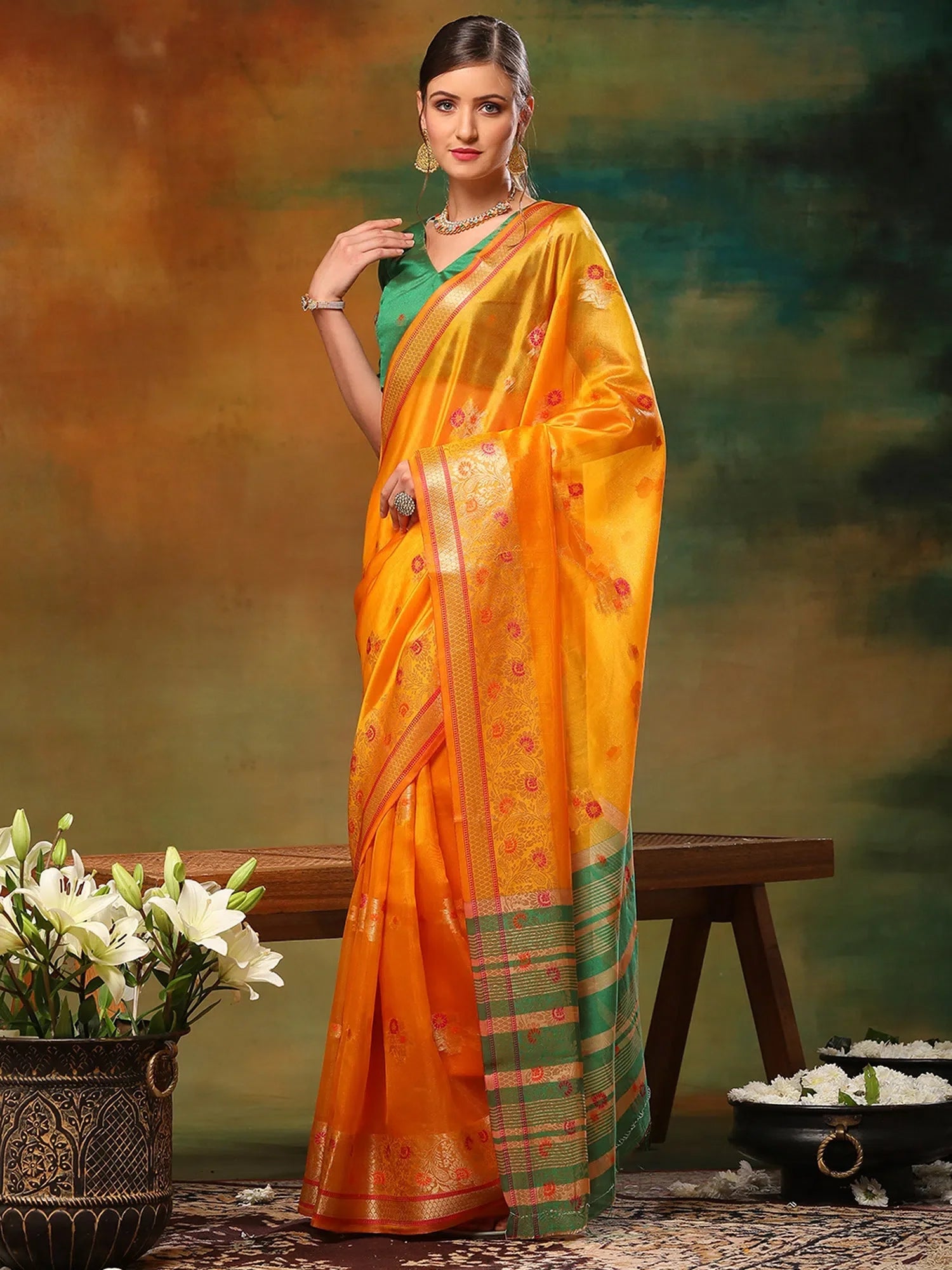 Green Organza Saree: Designer Sarees India & Blouse