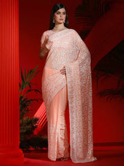 Women's Georgette Peach Embellished Designer Saree With Blouse Piece-DIANA4302