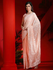 Women's Georgette Peach Embellished Designer Saree With Blouse Piece-DIANA4302