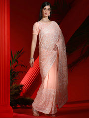Women's Georgette Peach Embellished Designer Saree With Blouse Piece-DIANA4302