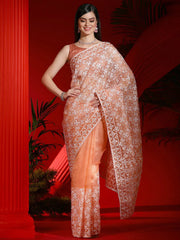Women's Organza Peach Embellished Designer Saree With Blouse Piece-DIANA5101