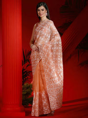 Women's Organza Peach Embellished Designer Saree With Blouse Piece-DIANA5101