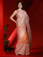 Women's Organza Peach Embellished Designer Saree With Blouse Piece-DIANA5101