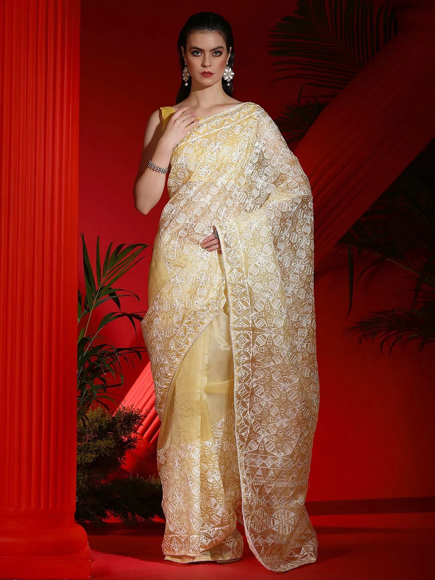 Yellow Organza Embellished Saree - Indian Sarees & Blouse