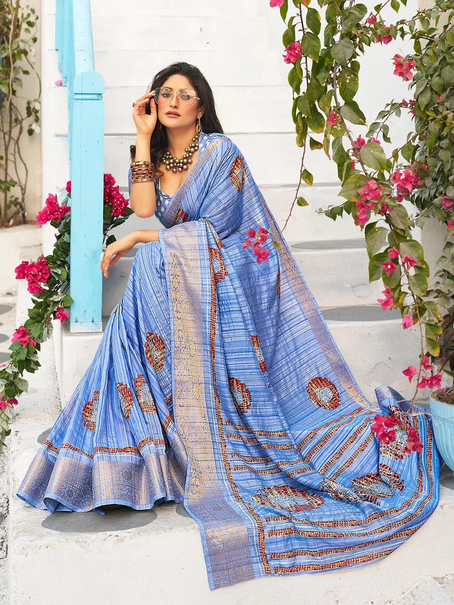 Muga Blue Printed Indian Sari - Designer Polyester Saree