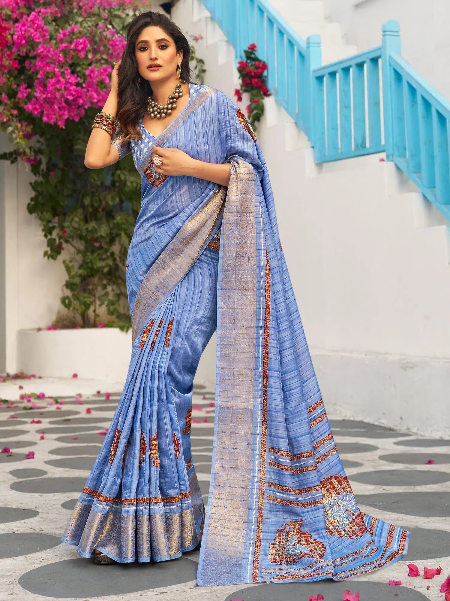 Muga Blue Printed Indian Sari - Designer Polyester Saree