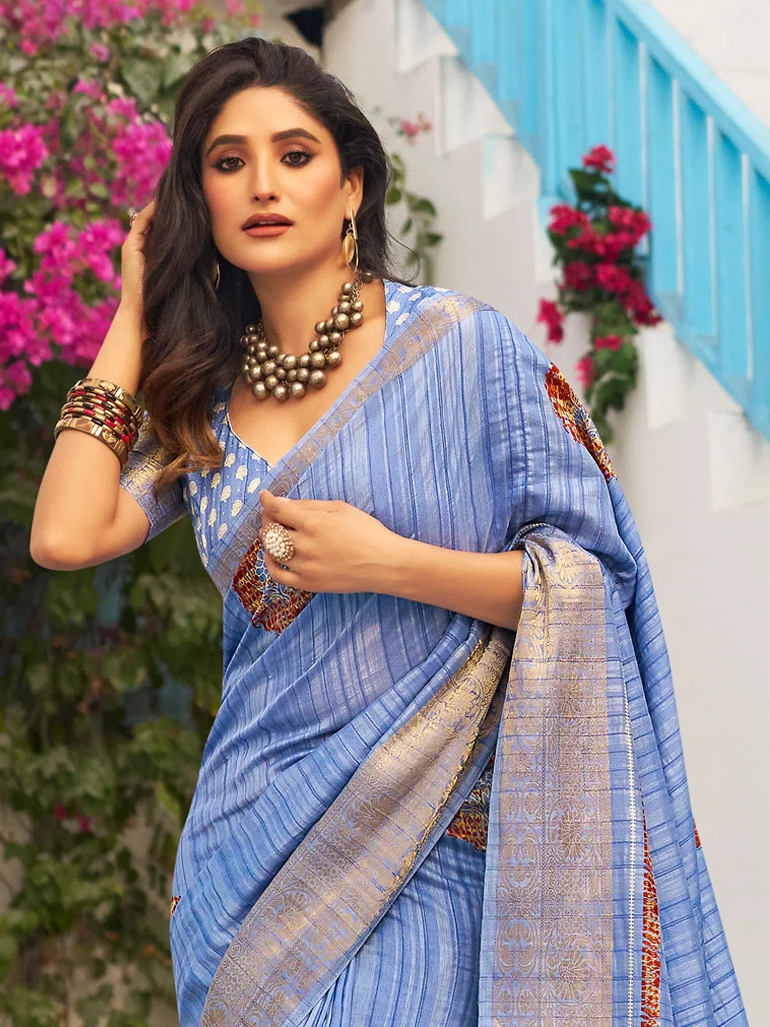 Muga Blue Printed Indian Sari - Designer Polyester Saree