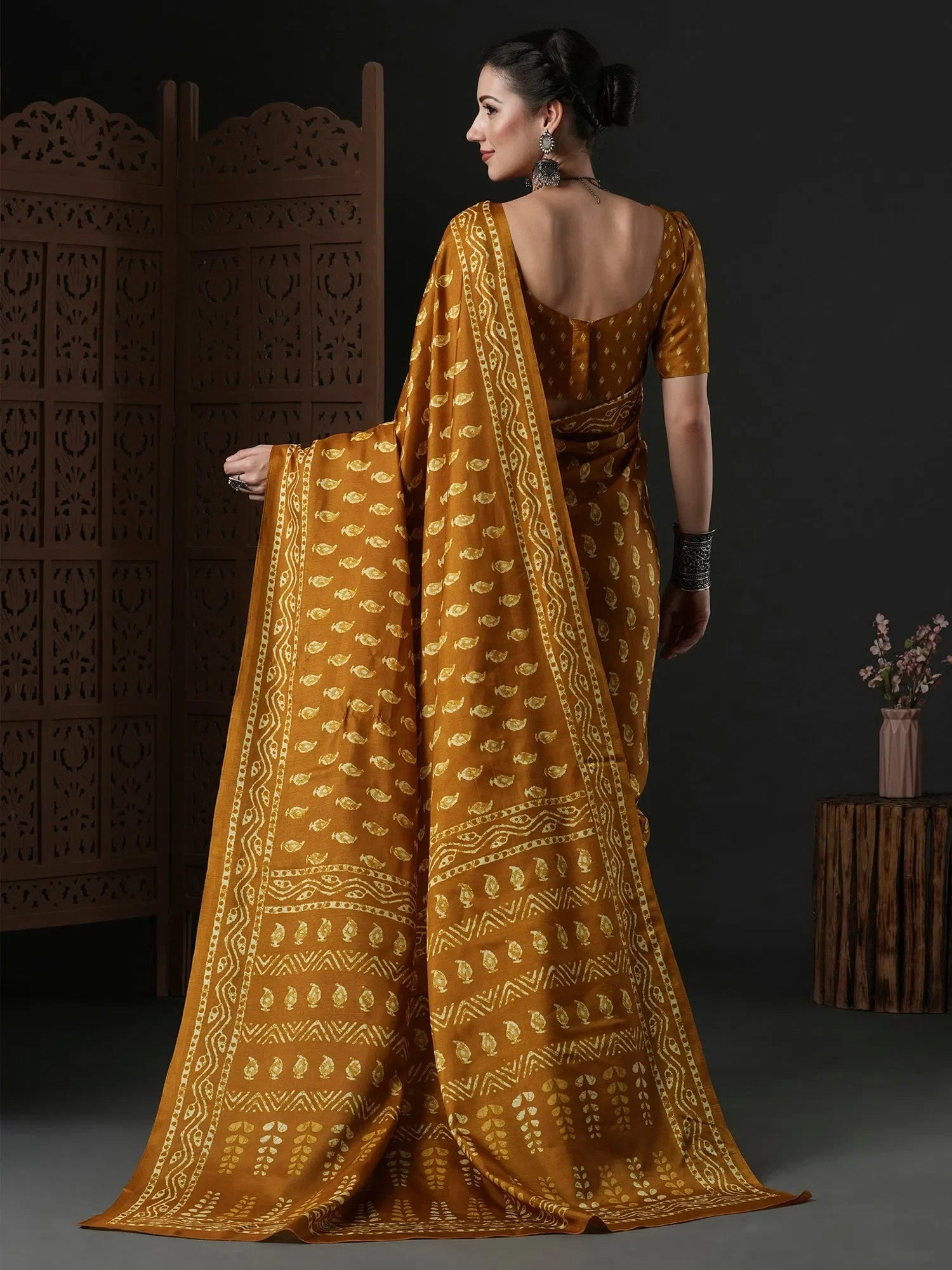 Mustard Printed Polyester Saree | Designer Indian Sari