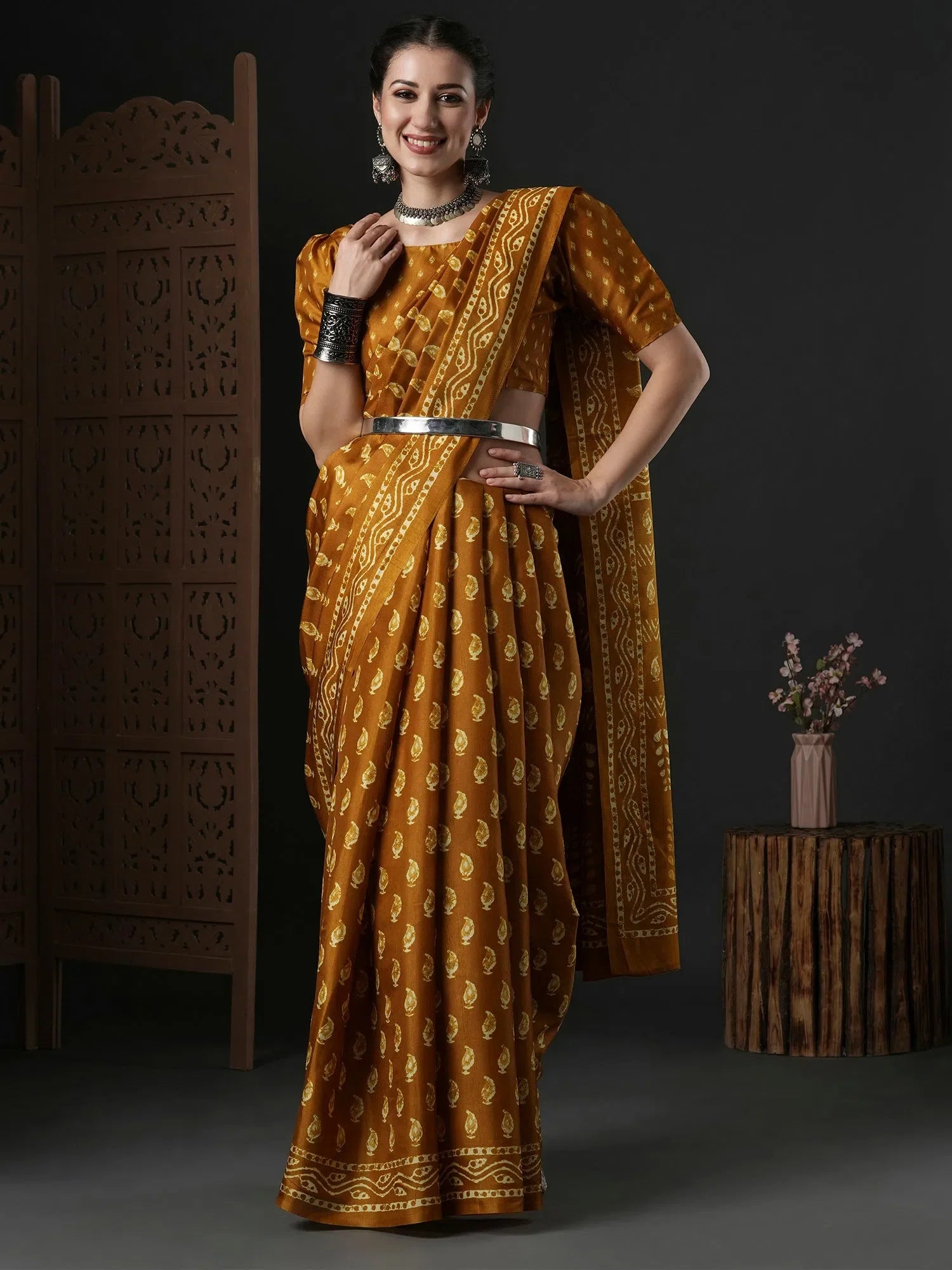 Mustard Printed Polyester Saree | Designer Indian Sari