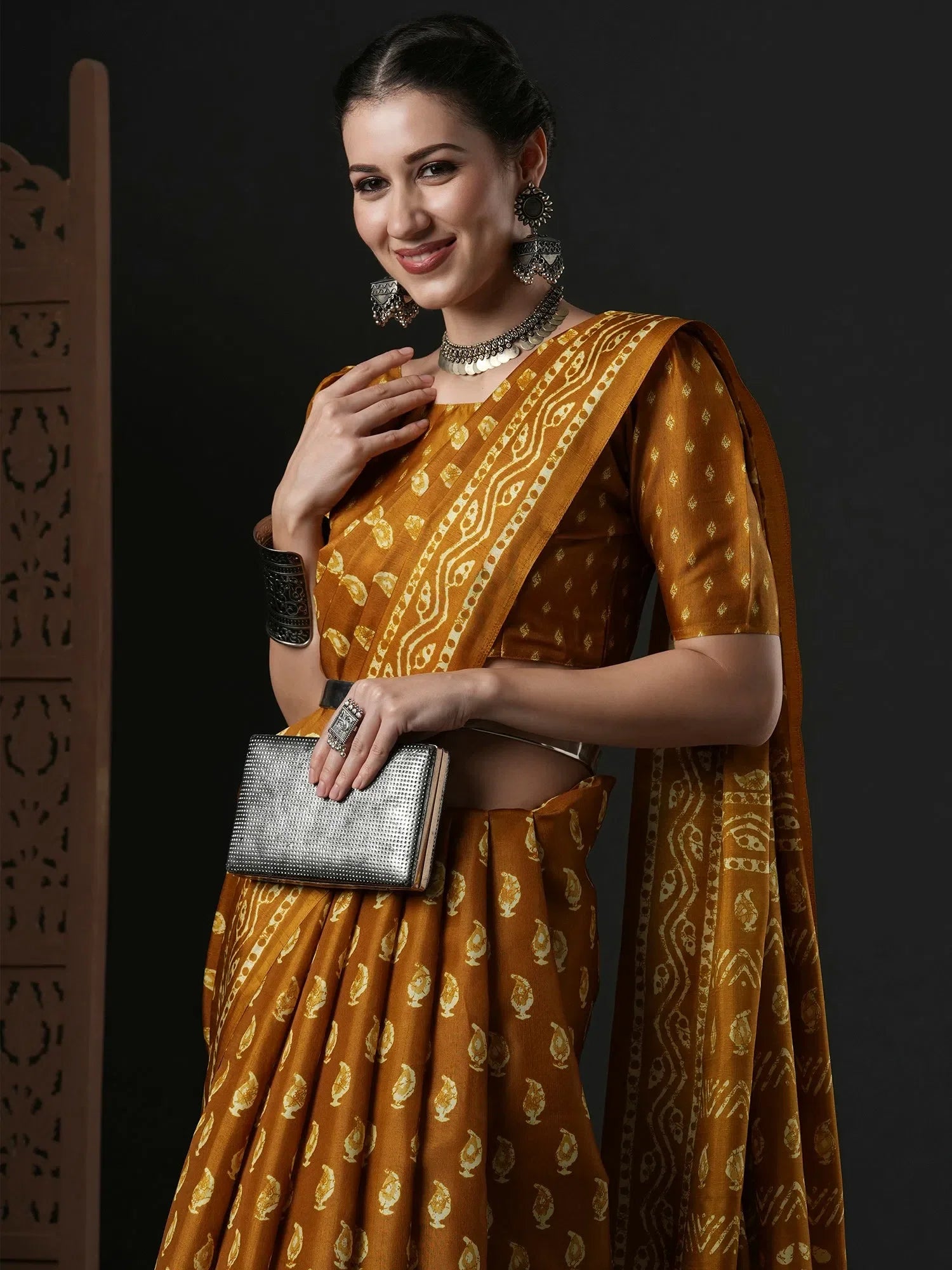 Mustard Printed Polyester Saree | Designer Indian Sari