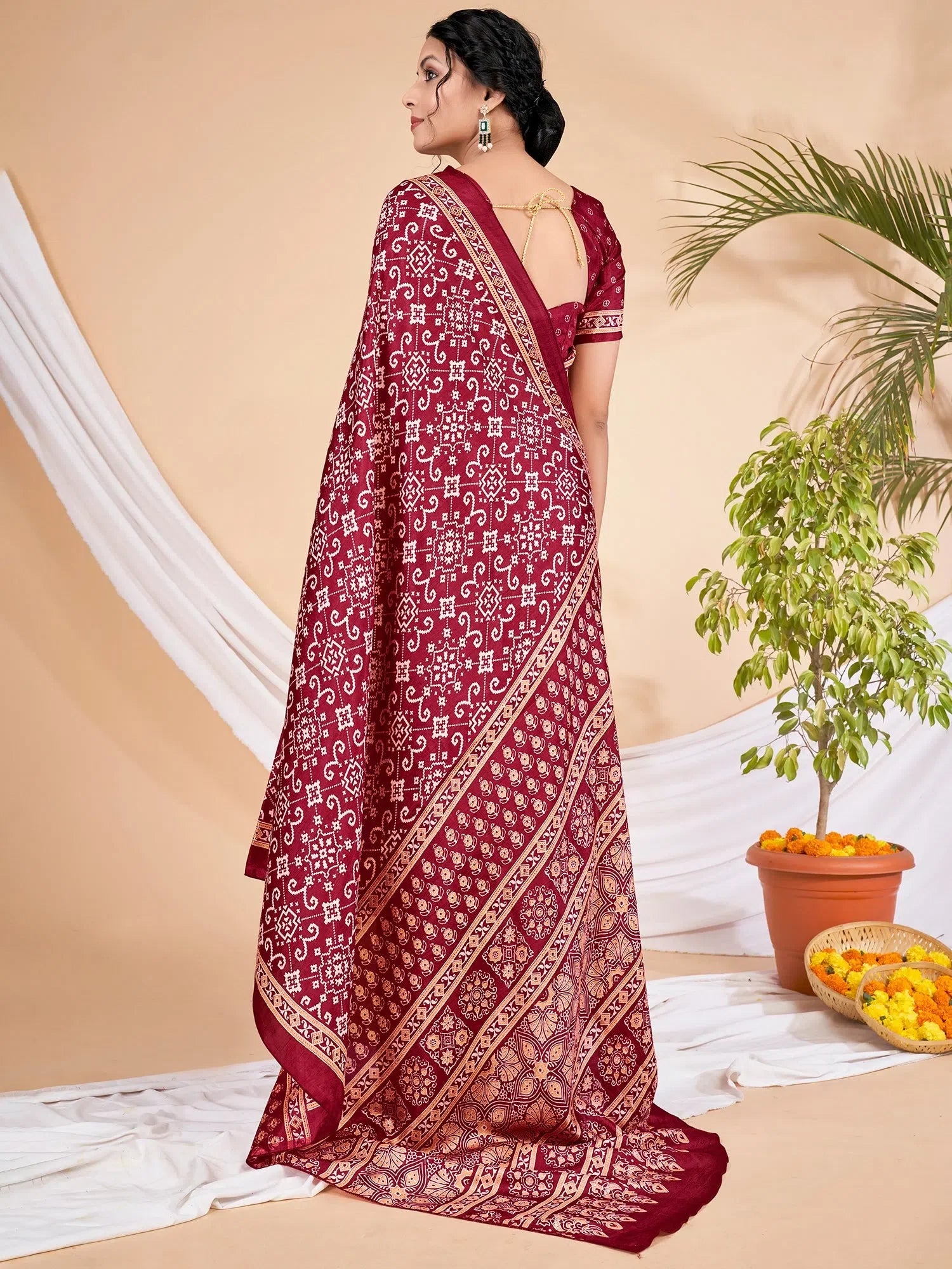 Maroon Printed Polyester Saree | Classic Indian Sari & Blouse