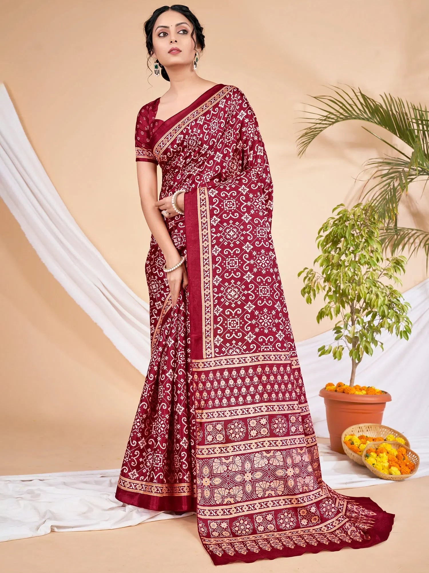 Maroon Printed Polyester Saree | Classic Indian Sari & Blouse