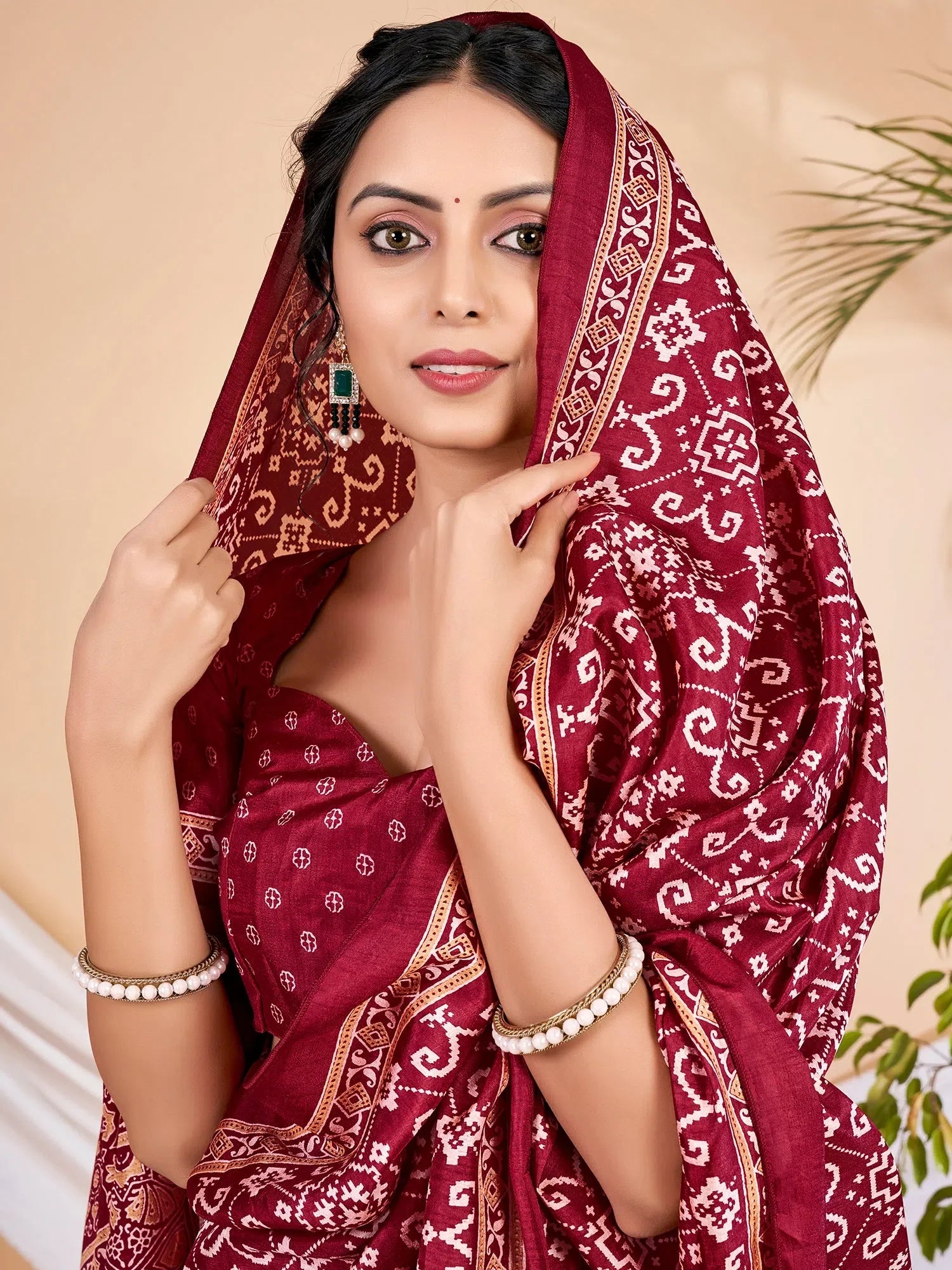 Maroon Printed Polyester Saree | Classic Indian Sari & Blouse