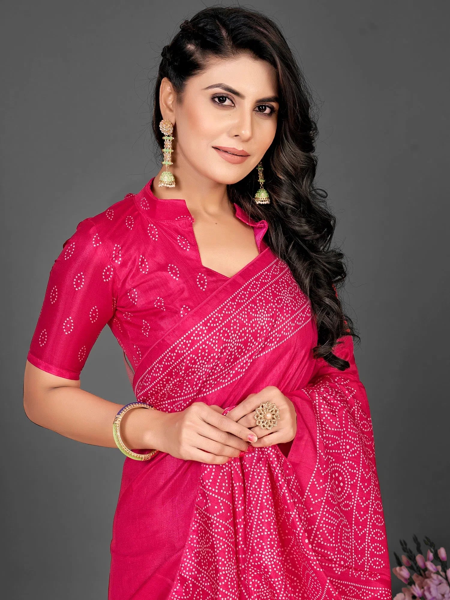 Pink Printed Polyester Saree | Indian Sari & Blouse