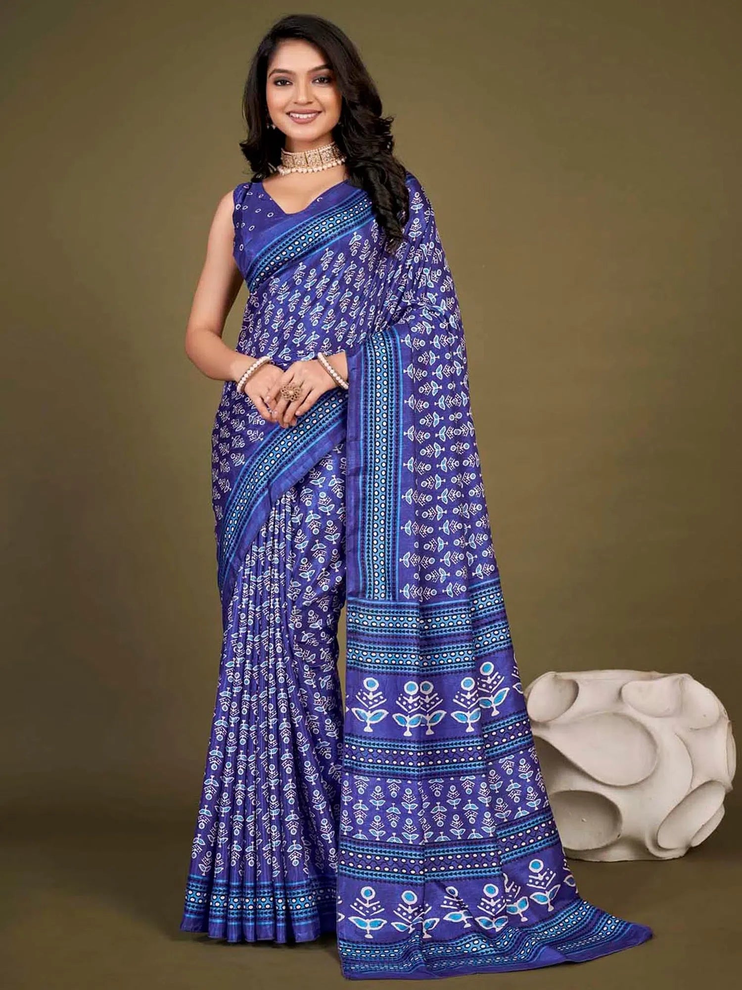 Purple Printed Polyester Saree | Traditional Indian Sari & Blouse