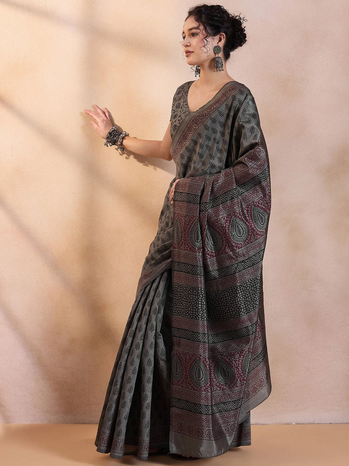 Women's Dola  Grey Printed Designer Saree With Blouse Piece-DOLA201B