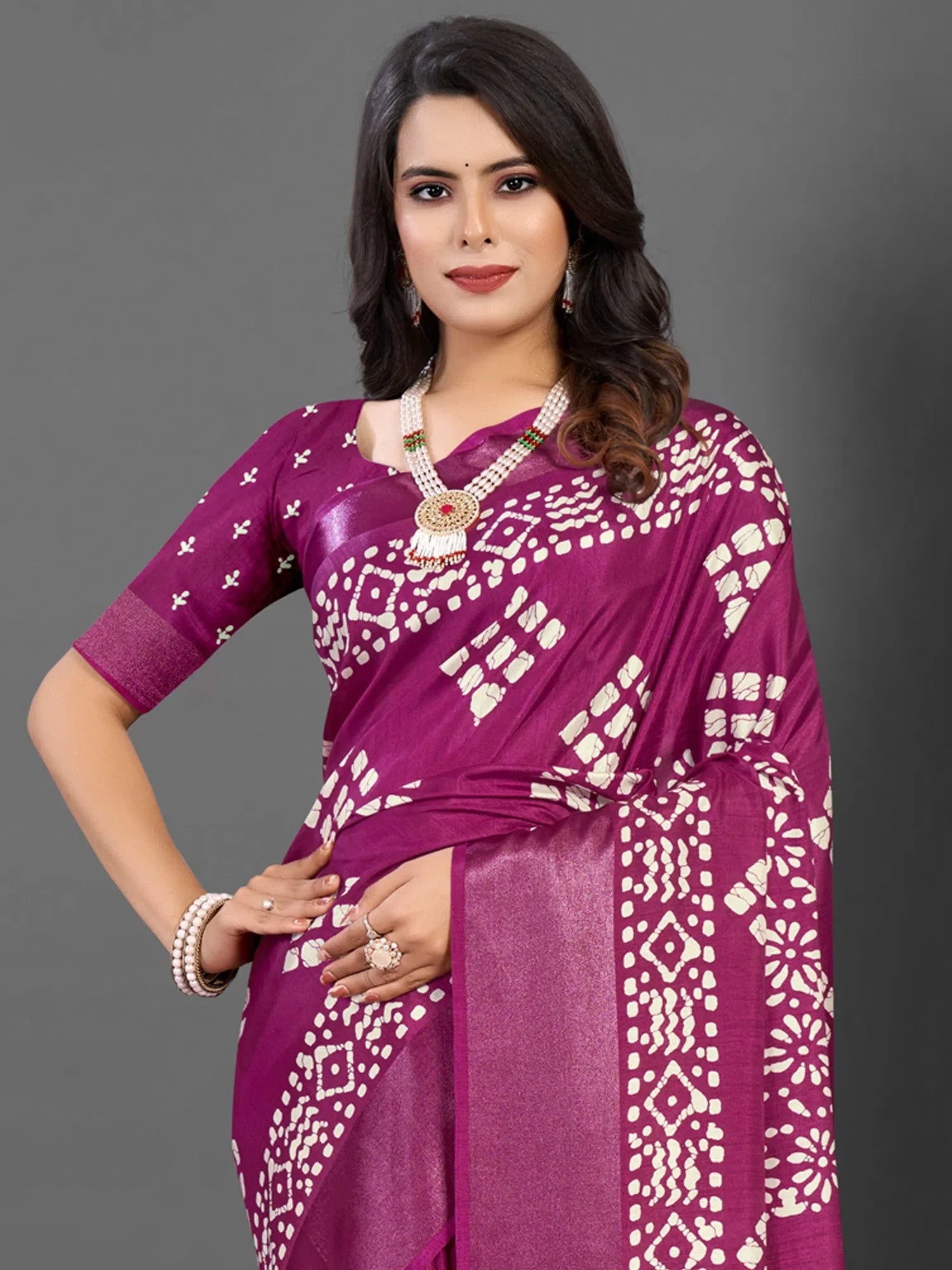 Magenta Printed Polyester Saree – Trendy Indian Party Wear Saree