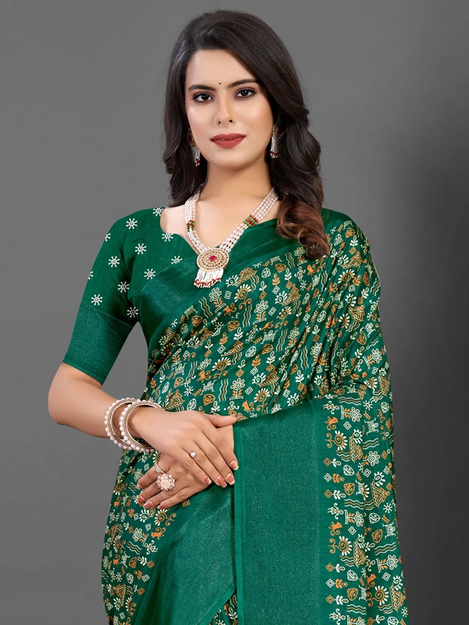 Dola Green Printed Polyester Saree | Designer Sarees India