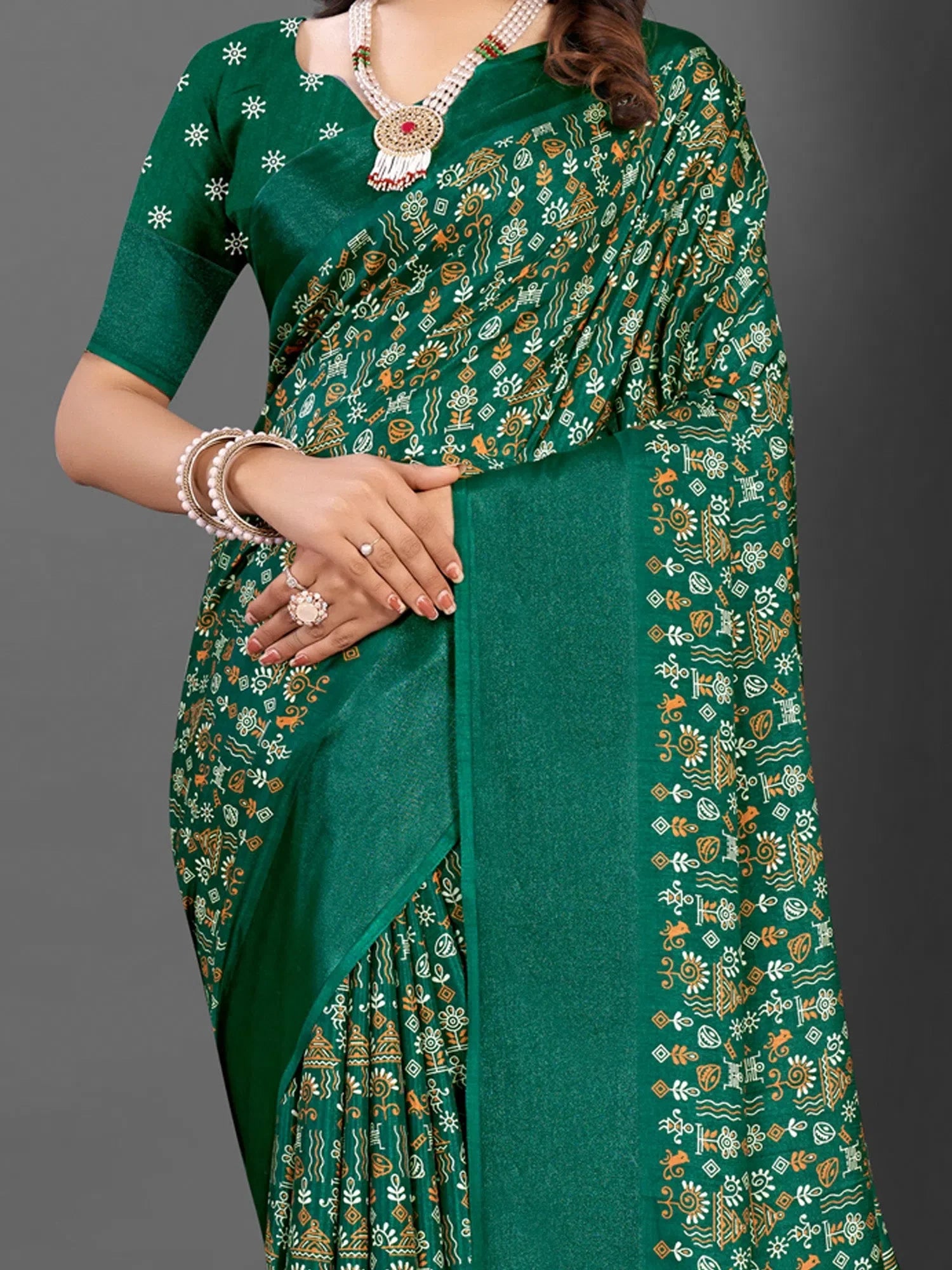 Dola Green Printed Polyester Saree | Designer Sarees India