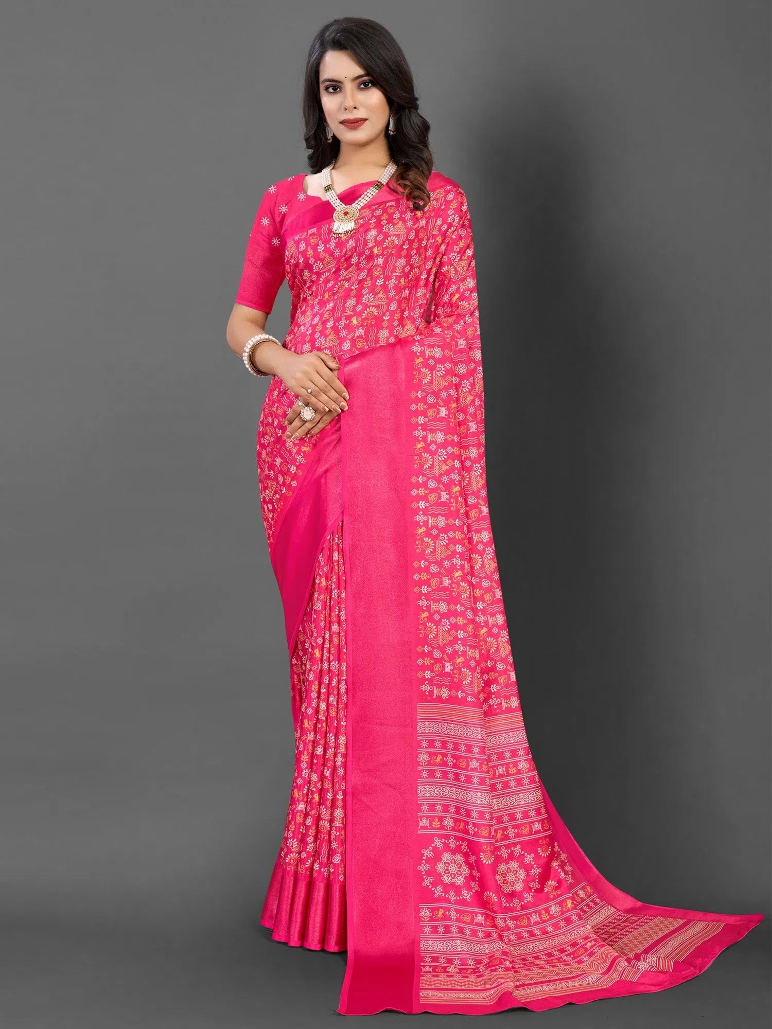 Pink Abstract Printed Polyester Saree | Exclusive Designer Sarees