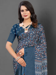 Women's Blend Navy Blue Printed Designer Saree With Blouse Piece-HOLAND78A