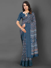 Women's Blend Navy Blue Printed Designer Saree With Blouse Piece-HOLAND78A