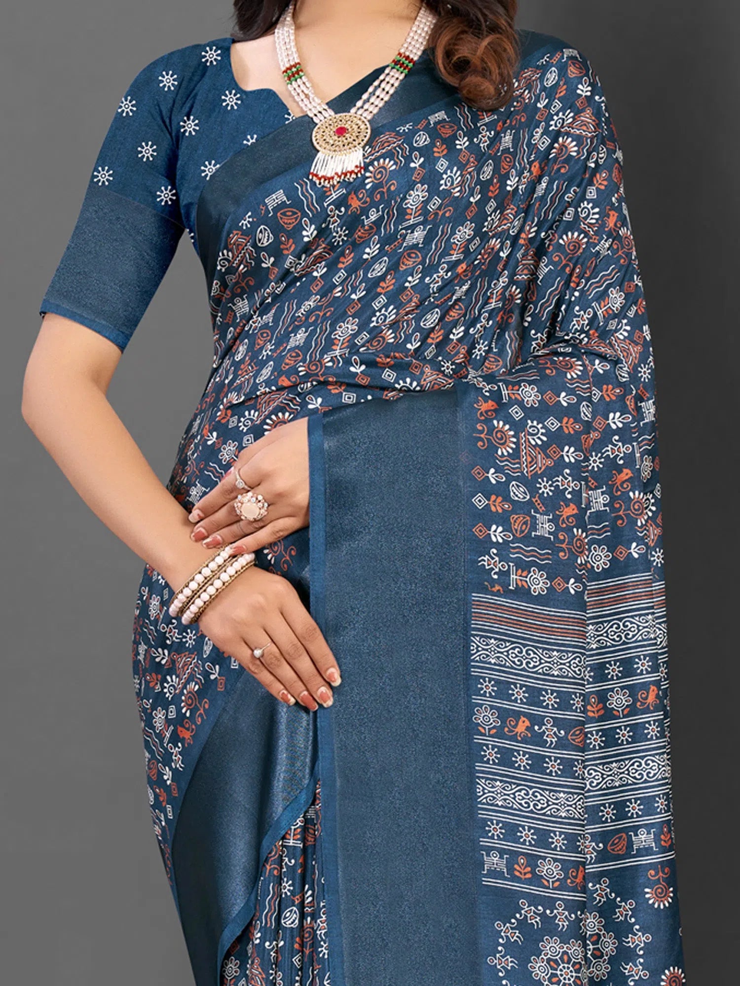 Grey Printed Polyester Saree | Indian Sarees & More