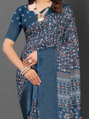 Women's Blend Navy Blue Printed Designer Saree With Blouse Piece-HOLAND78A