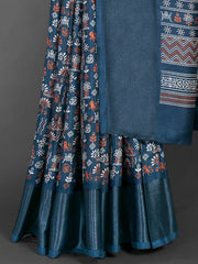 Women's Blend Navy Blue Printed Designer Saree With Blouse Piece-HOLAND78A