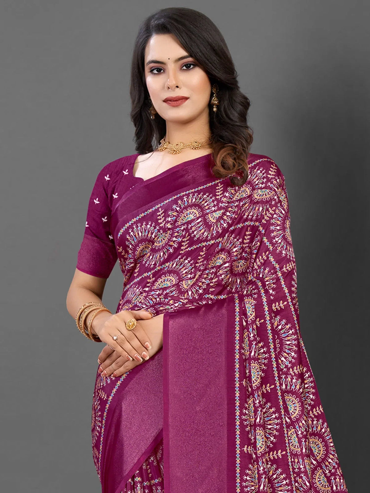 Women's Blend Navy Blue Printed Designer Saree With Blouse Piece-HOLAND80C