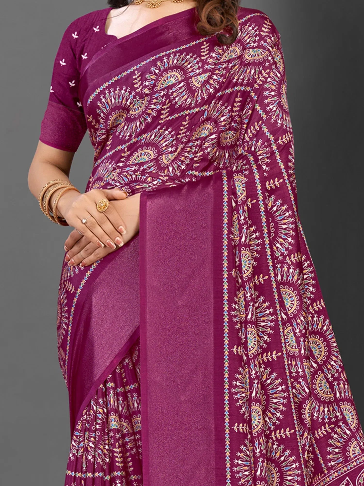 Magenta Printed Polyester Saree – Elegant Designer Sarees India