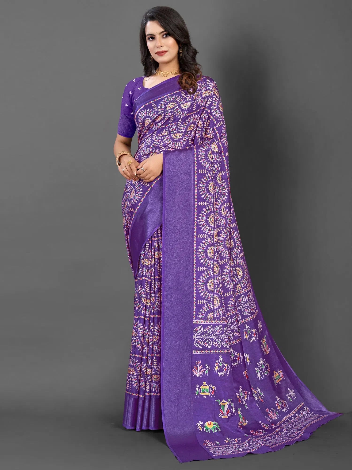 Purple Printed Designer Saree | Indian Sari & Blouse
