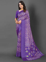 Women's Blend Navy Blue Printed Designer Saree With Blouse Piece-SANTONI120