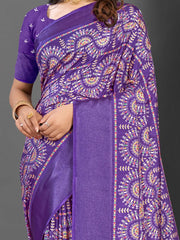 Women's Blend Navy Blue Printed Designer Saree With Blouse Piece-SANTONI120