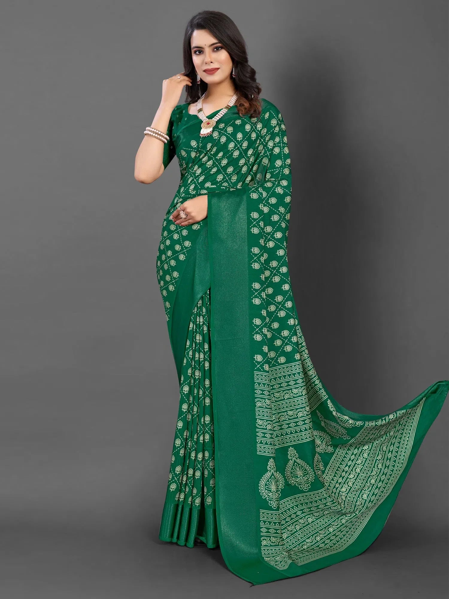 Green Printed Polyester Saree | Designer Indian Sari