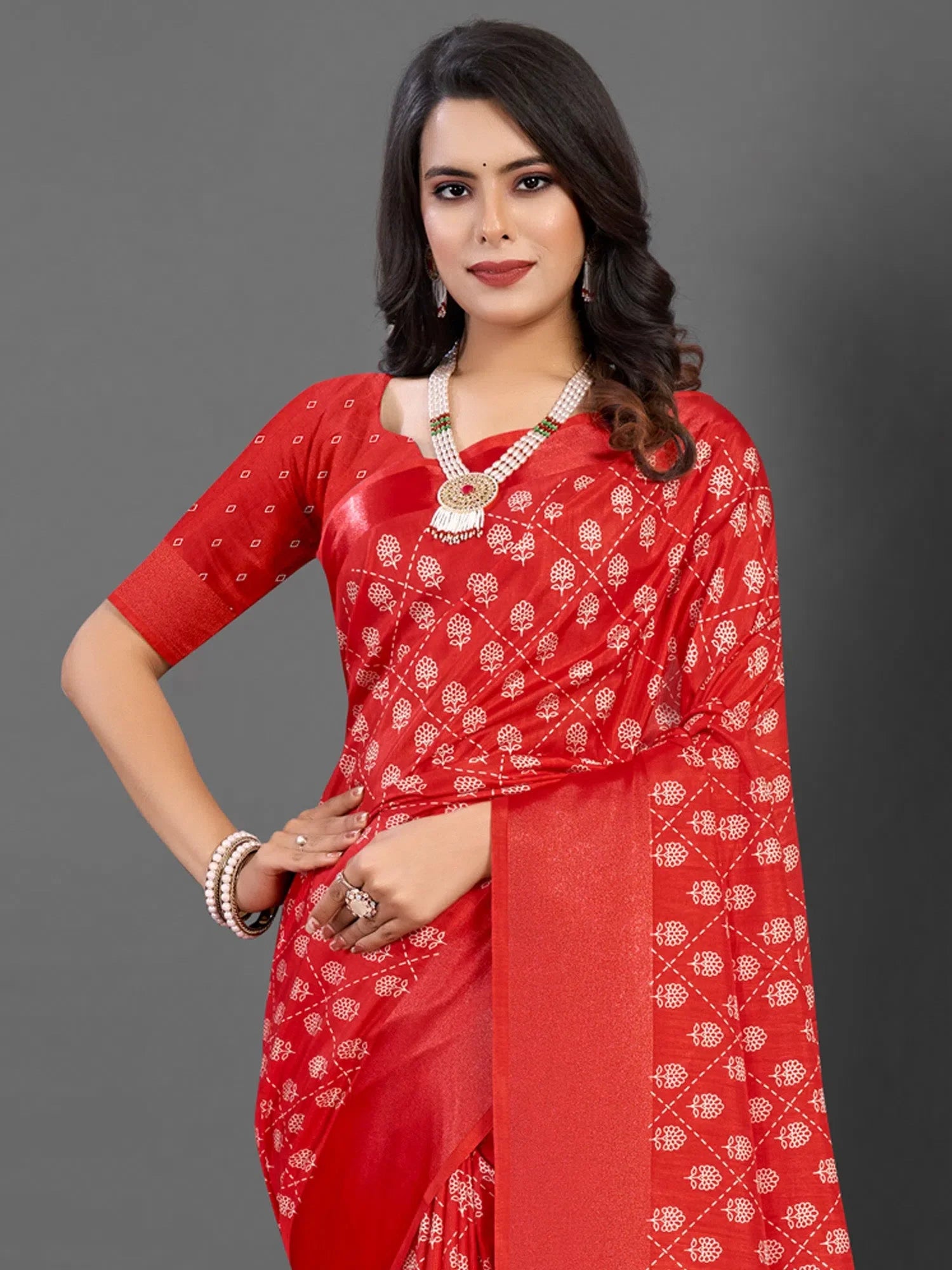 Red Printed Polyester Saree | Designer Sarees India