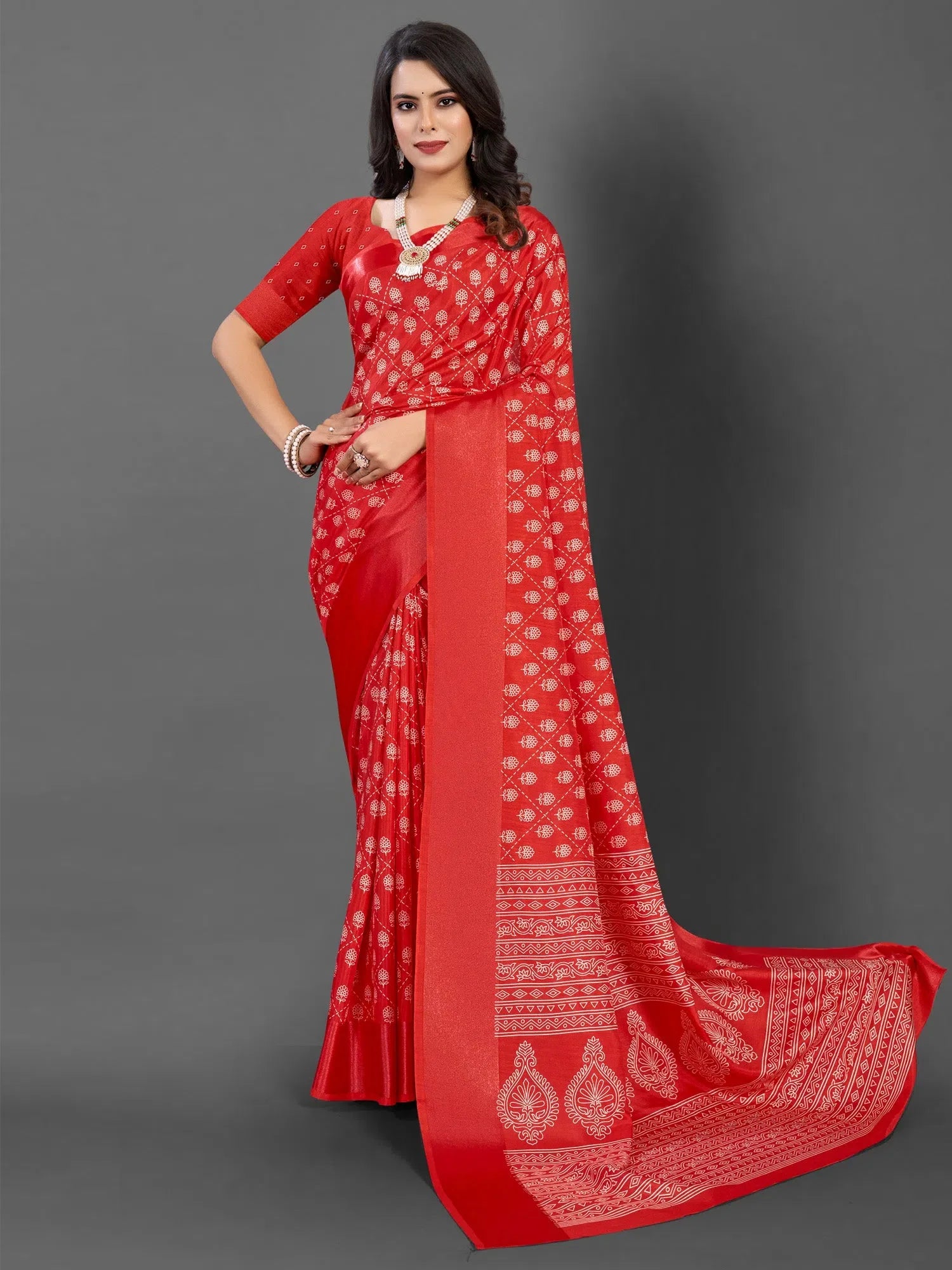 Red Printed Polyester Saree | Designer Sarees India