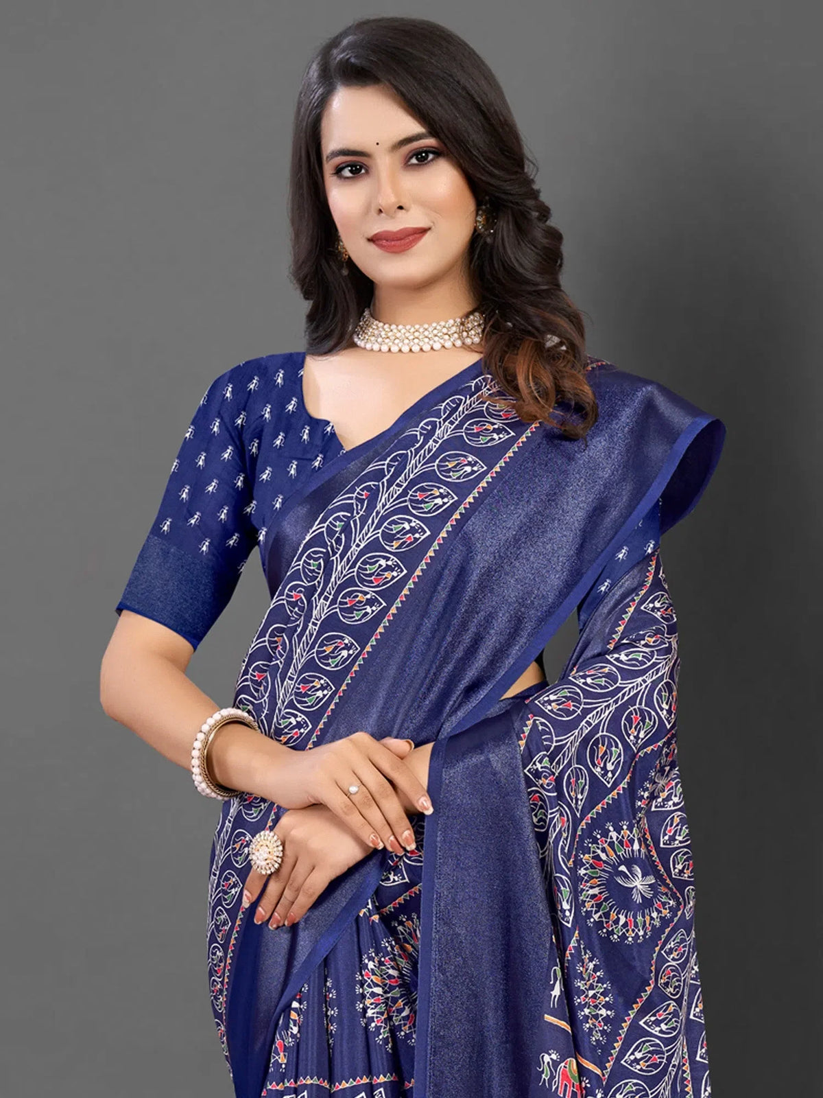 Women's Dola  Navy Blue Printed Designer Saree With Blouse Piece-DOLALX06G