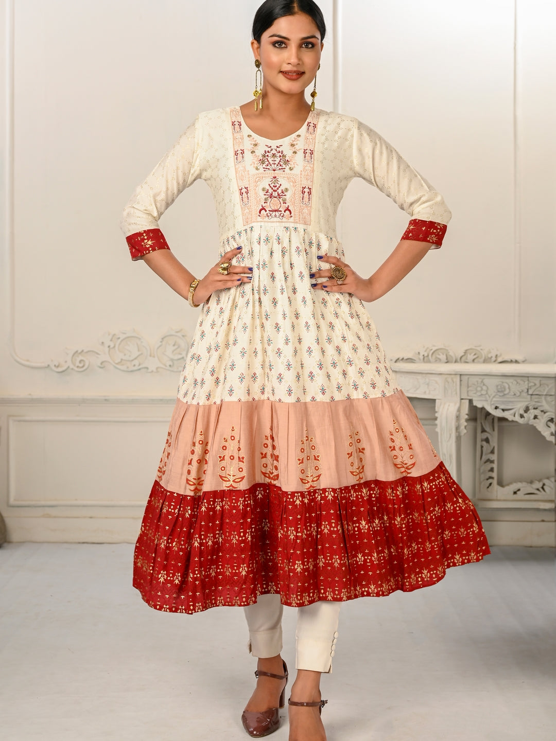 Cream Colour cotton hand print kurti with vibrant patterns