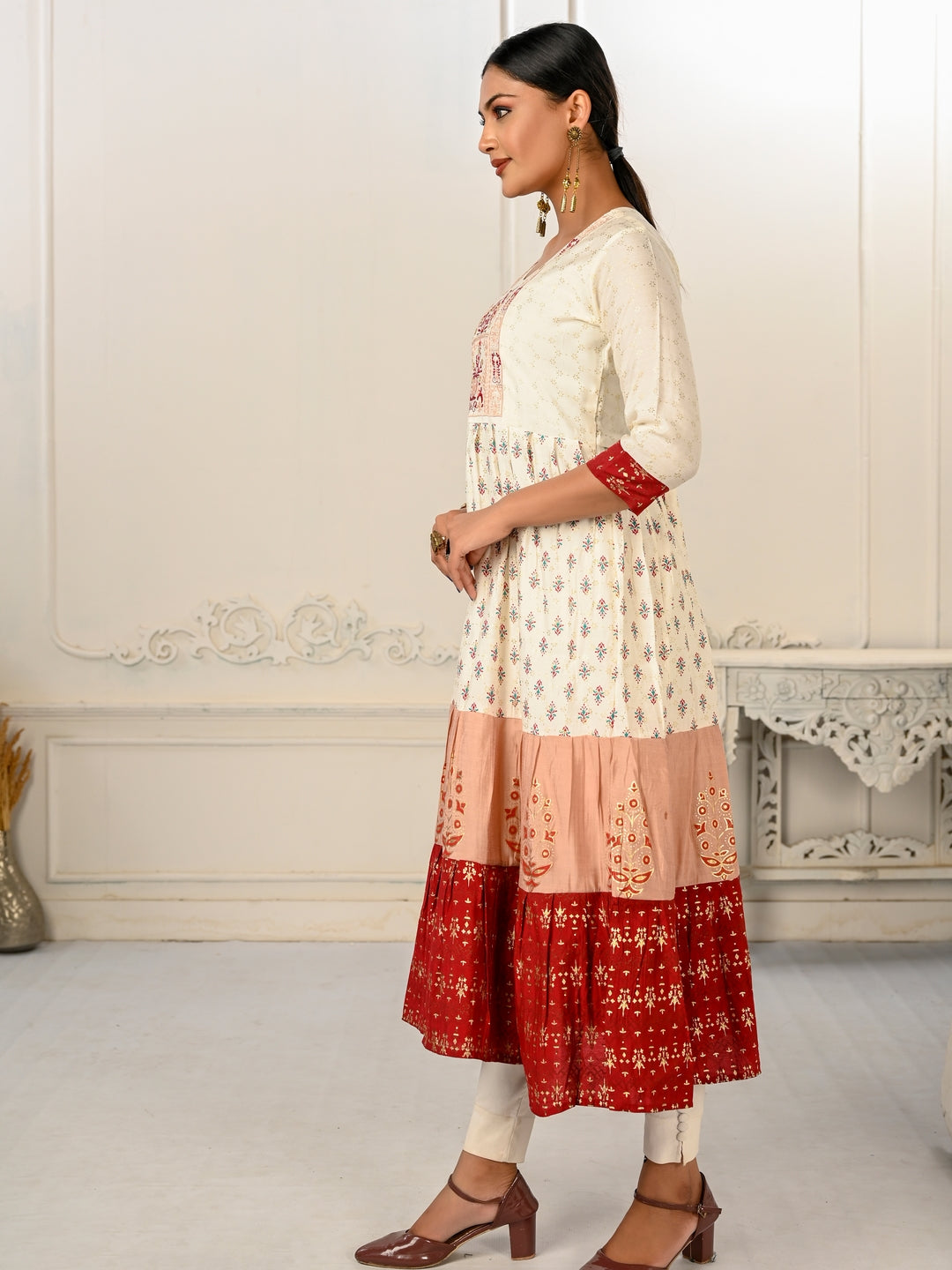 Cream Colour cotton hand print kurti with vibrant patterns